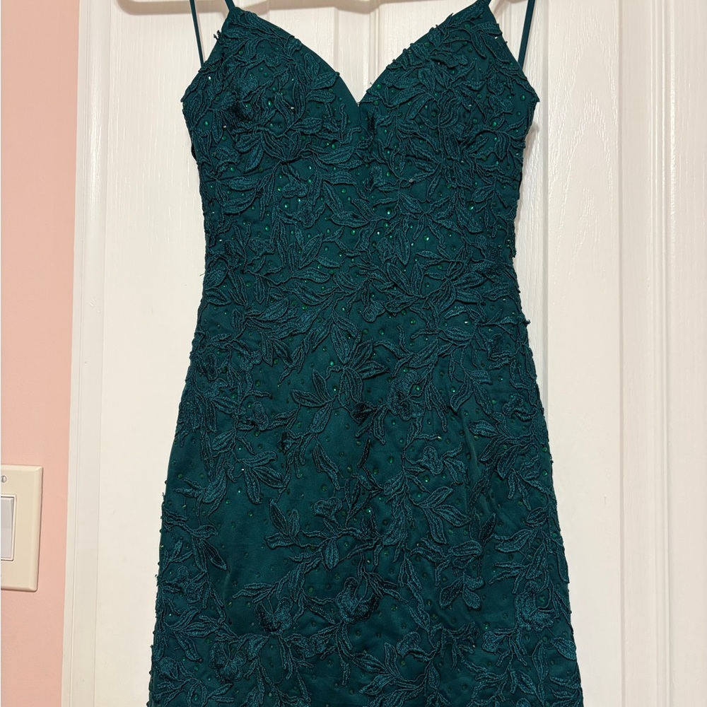 Faviana Teal Lace Mini Dress